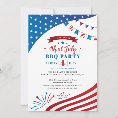 Happy 4th of July Red White and Blue BBQ Party Invitation