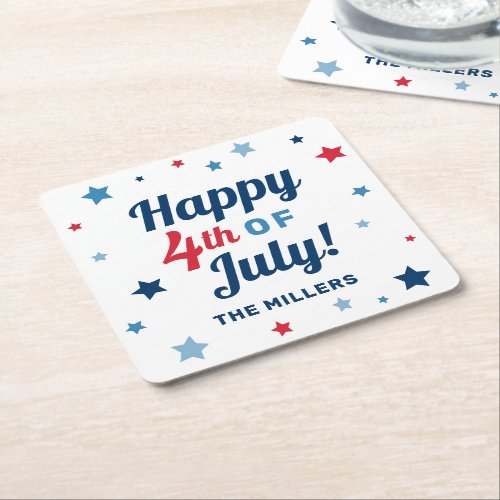 Happy 4th of July Red White and Blue Patriotic Square Paper Coaster