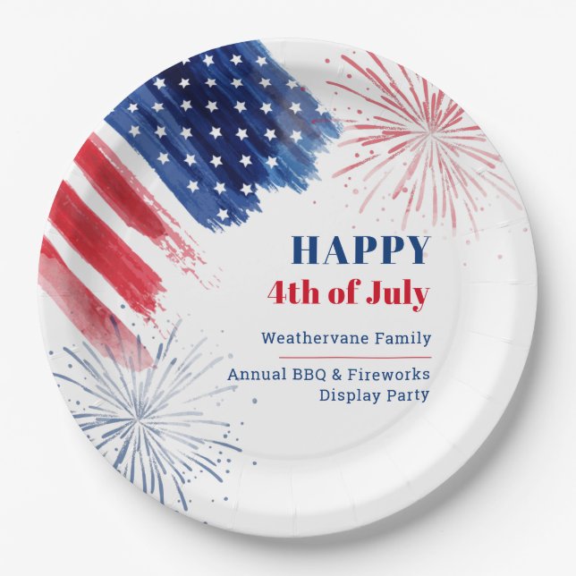 Happy 4th of July Red White and Blue Summer Party Paper Plates (Front)
