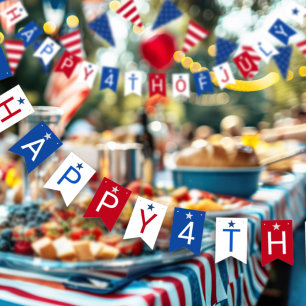 Happy 4th Of July Red White Blue Celebration Bunting Flags