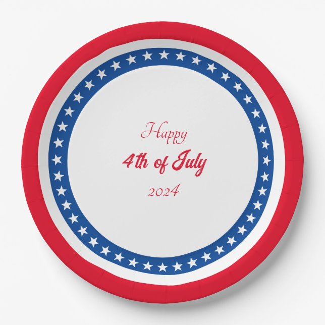 Happy 4th of July Red White Blue Paper Plates (Front)