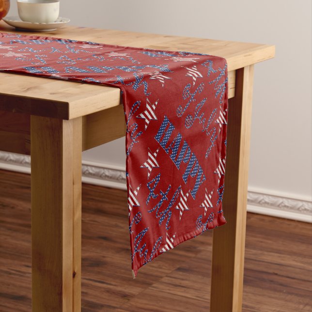 Happy 4th of July Red White Blue Stars and Stripes Short Table Runner (In Situ)
