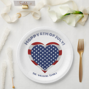 Happy 4th of July Stars and Stripes Heart Paper Plates