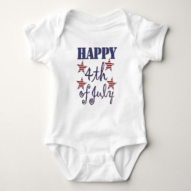 Happy 4th of July Stars and Stripes Typography Baby Bodysuit (Front)