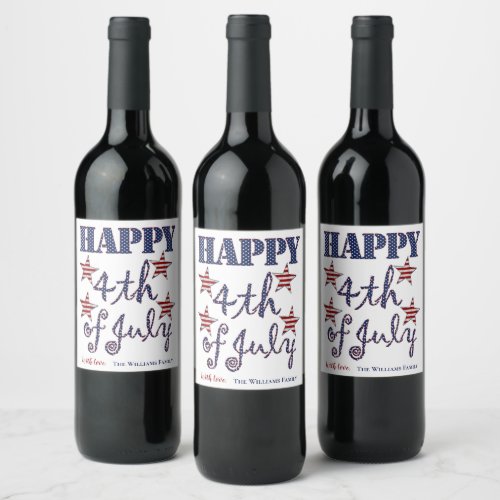 Happy 4th of July Stars and Stripes Typography Wine Label