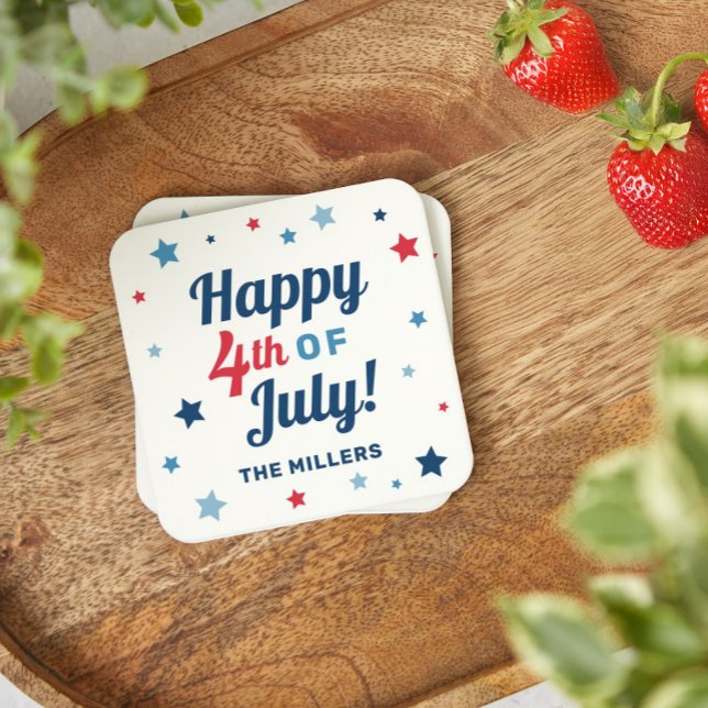 Happy 4th of July Stars Custom Name Square Paper Coaster (Creator Uploaded)