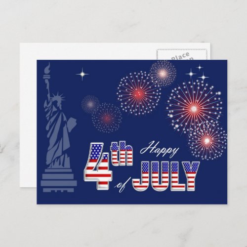 Happy 4th of July Statue of Liberty and Fireworks Postcard