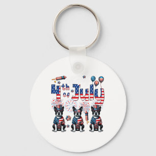 Happy 4th Of July Three Cute Boston Terriers Sungl Keychain