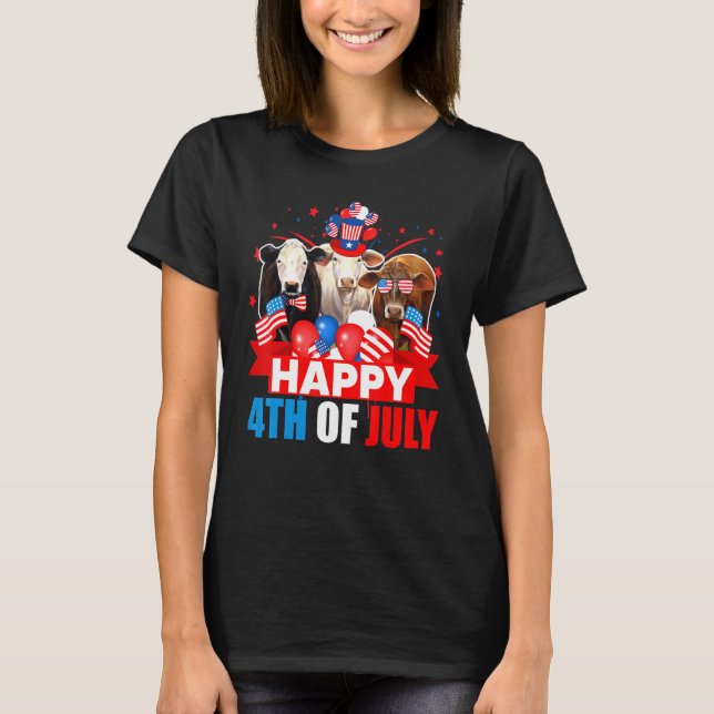 Happy 4th Of July Three Pride American Flag Cow T-Shirt (Front)