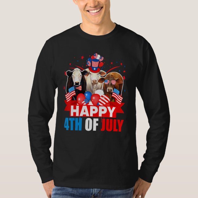 Happy 4th Of July Three Pride American Flag Cow T-Shirt (Front)