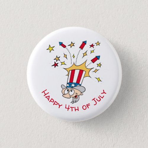 Happy 4th Of July Uncle Sam Fireworks Cartoon Button