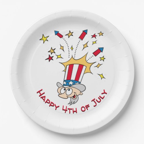 Happy 4th Of July Uncle Sam Fireworks Cartoon Pape Paper Plates