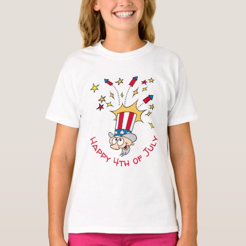 Happy 4th Of July Uncle Sam Fireworks Cartoon T_Shirt