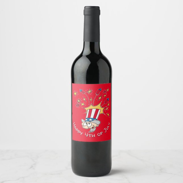Happy 4th Of July Uncle Sam Fireworks Cartoon Wine Label (Front)