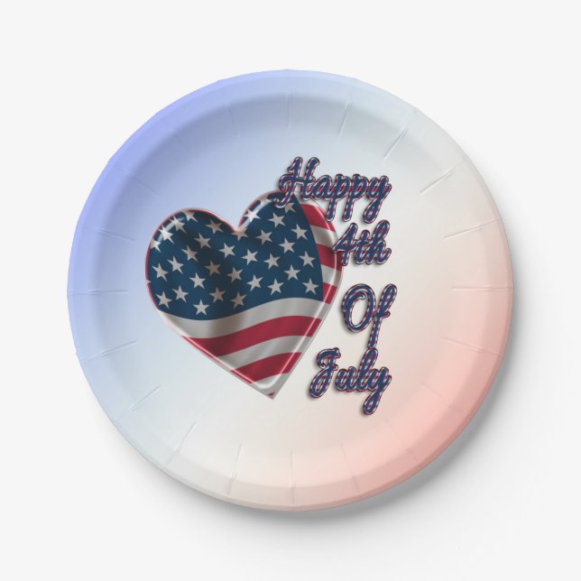 Happy 4th of July USA Flag Heart Paper Plates (Front)
