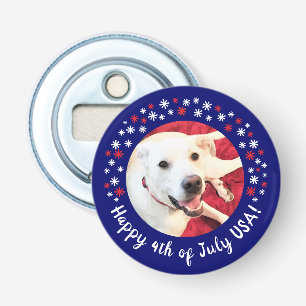 Happy 4th of July USA Funny Smiling Dog Photo Blue Bottle Opener
