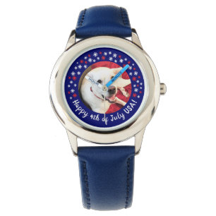 Happy 4th of July USA Funny Smiling Dog Photo Blue Watch