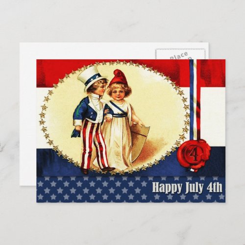 Happy 4th of July Vintage Patriotic Kids  Postcard
