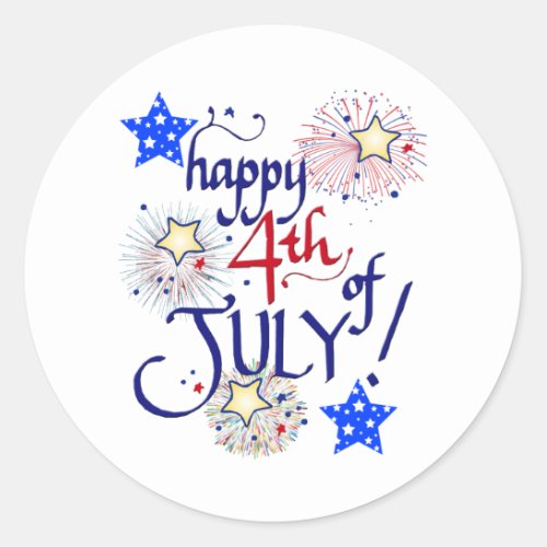 Happy 4th of July with fireworks and stars Classic Round Sticker