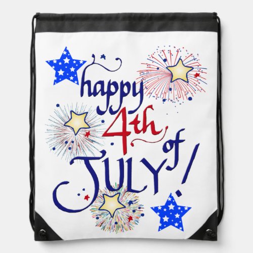 Happy 4th of July with fireworks and stars Drawstring Bag