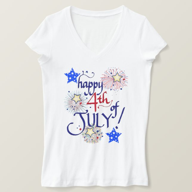 Happy 4th of July! with fireworks and stars T-Shirt (Design Front)