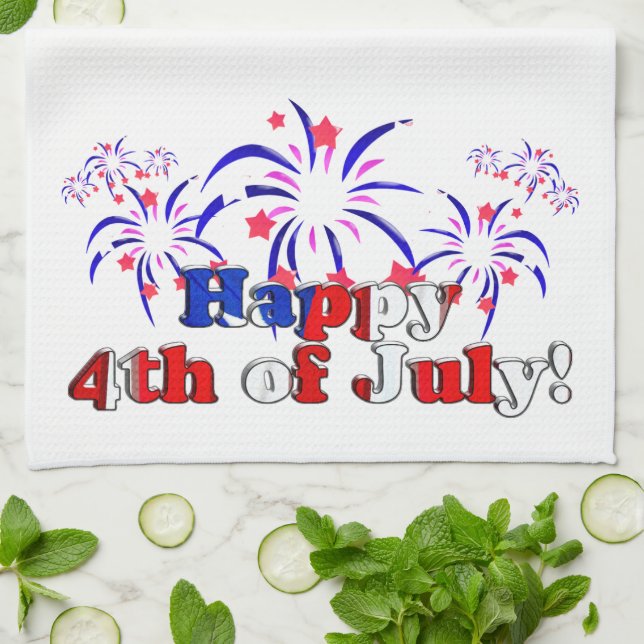 Happy 4th of July with Fireworks Kitchen Towel (Folded)