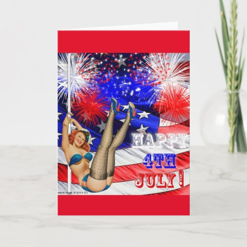 Happy 4th of July with Flag and Pinup Girl Card