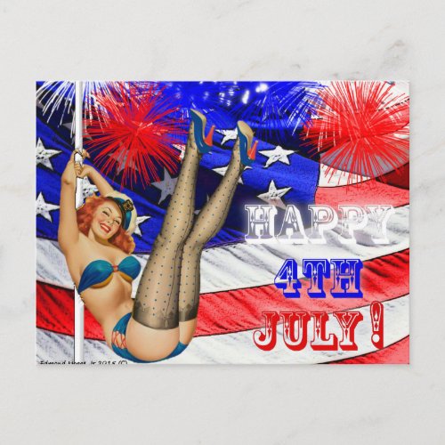 Happy 4th of July with Flag and Pinup Girl Postcard