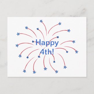 Happy 4th Red White and Blue Fireworks Stars Postcard