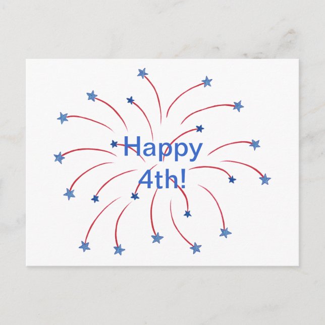 Happy 4th Red White and Blue Fireworks Stars Postcard (Front)