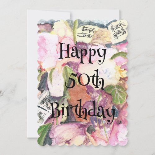 Happy 50 th birthday Watercolor floral music   Invitation