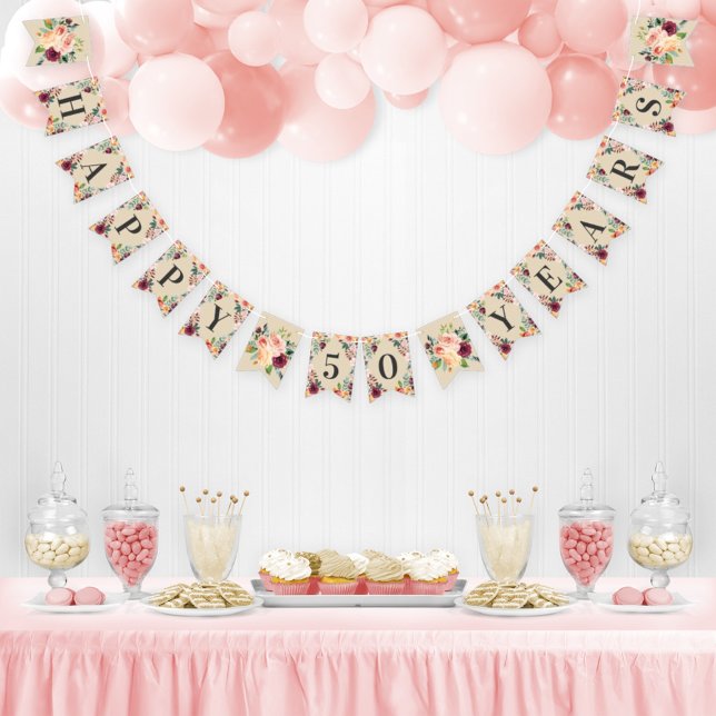 Happy 50 Years Rustic Pink Fall Floral Anniversary Bunting Flags (Creator Uploaded)