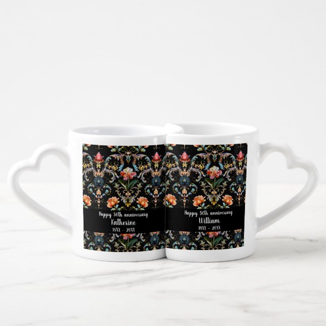 Happy 50th anniversary black floral damask coffee mug set (Front Nesting)