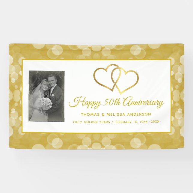 HAPPY 50TH ANNIVERSARY CHAMPAGNE GOLD HEARTS BANNER (Horizontal)