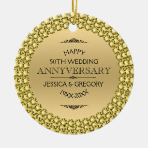 Happy 50th Anniversary Diamonds & Gold Ceramic Ornament