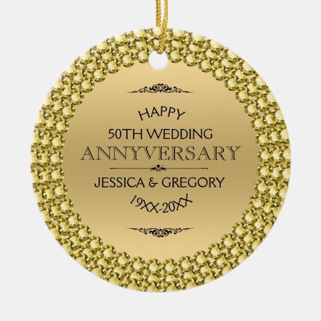 Happy 50th Anniversary Diamonds & Gold Ceramic Ornament (Front)
