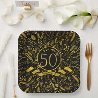 Happy 50th Anniversary Gold Floral Paper Plates