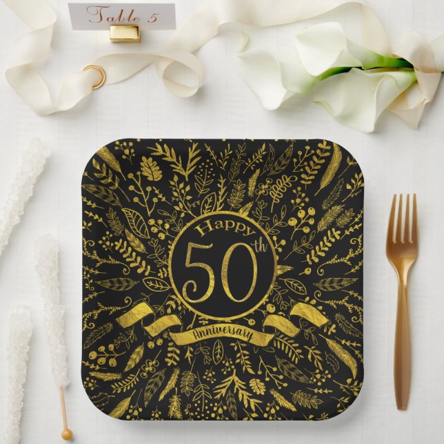 Happy 50th Anniversary Gold Floral Paper Plates (Wedding)