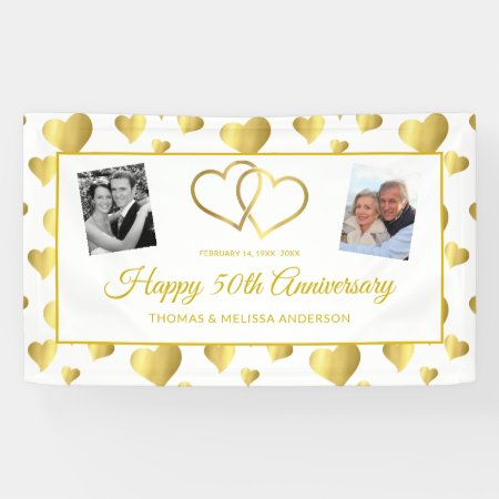 Happy 50th Anniversary Gold Hearts & Photos Banner