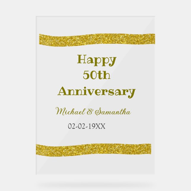 Happy 50th anniversary golden glitter border gray  acrylic sign (Front)