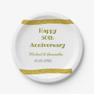 Happy 50th anniversary golden glitter border gray paper plates