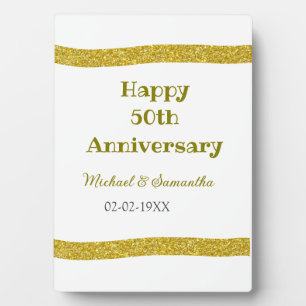Happy 50th anniversary golden glitter border gray plaque