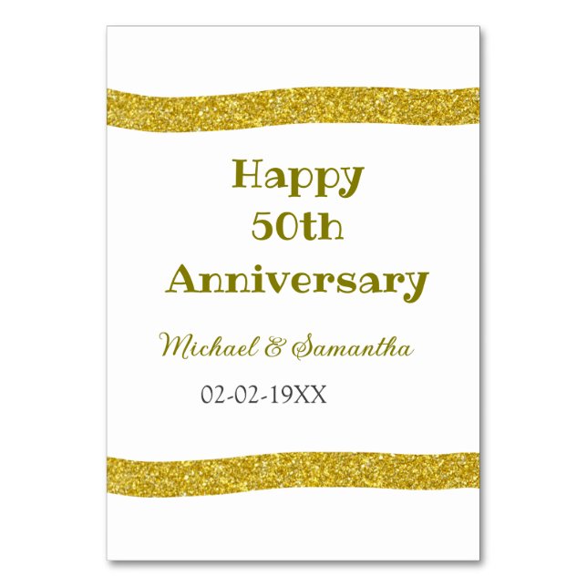 Happy 50th anniversary golden glitter border gray  table number (Front)