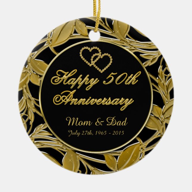 Happy 50th Anniversary Golden Leaves DBL Sided Ceramic Ornament (Front)
