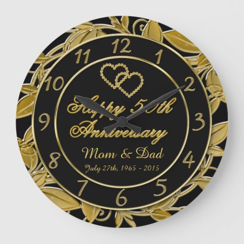 Happy 50th Anniversary Metallic Gold Leaf Numbers Large Clock