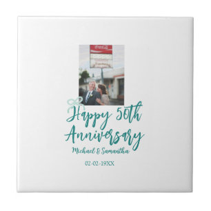 Happy 50th anniversary photo turquoise bow name da ceramic tile