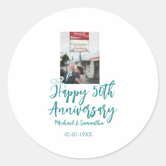 Happy 50th anniversary photo turquoise bow name da classic round sticker