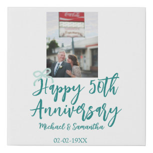 Happy 50th anniversary photo turquoise bow name da faux canvas print