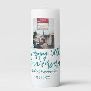 Happy 50th anniversary photo turquoise bow name da pillar candle