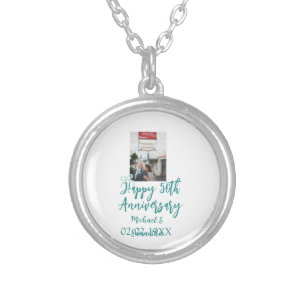 Happy 50th anniversary photo turquoise bow name da silver plated necklace